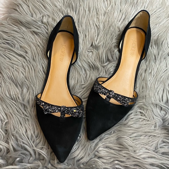 J.Crew Suede d'Orsay black  flats with glitter bow - Picture 1 of 12